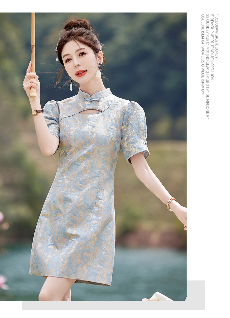 Váy maxi nữ phong cách Trung Quốc mới, cổ đứng cúc bọc, dáng dài vừa phải, thanh lịch thời trang — Màu xanh lam, Màu hồng chi tiết 25