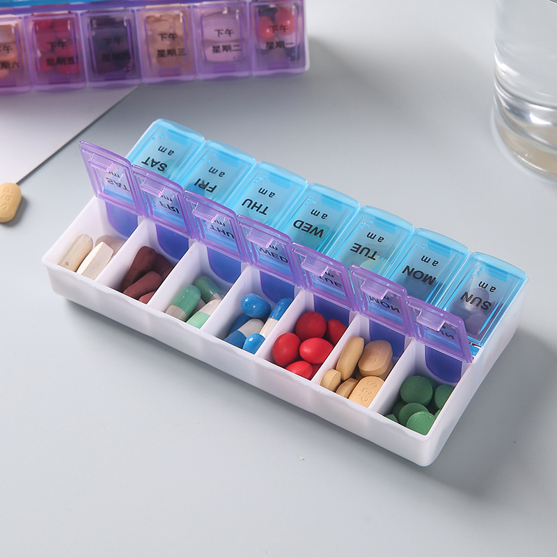 Caja portátil de doble capa de 14 celdas, paquete de paquete a prueba de polvo una semana, paquete de paquete de 14 celdas, caja de almacenamiento de tabletas de medicamentos
