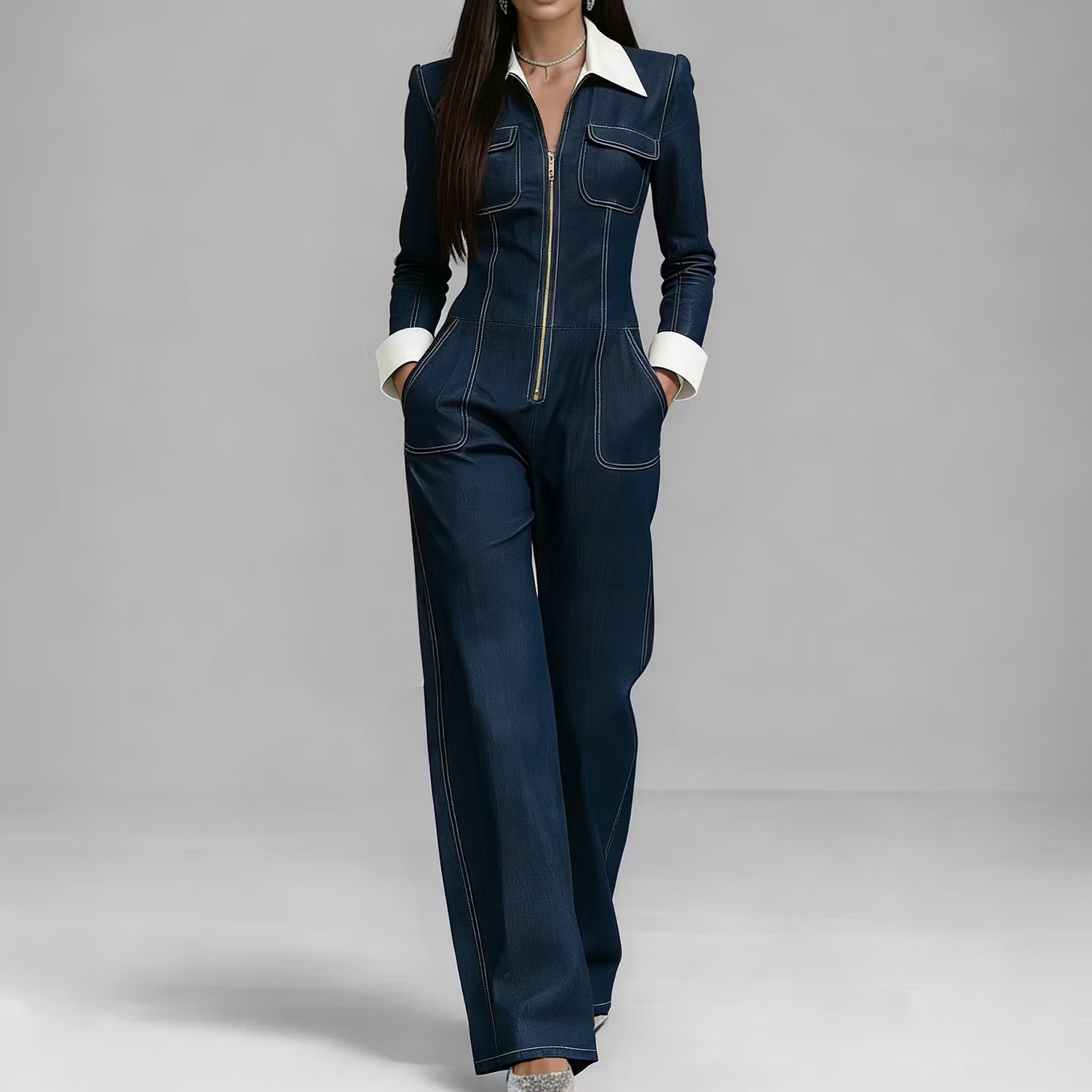 European and American Independent Site Amazon Fashion Casual Daily Wear Washed Denim Lapel Long-Sleeve Pocket Jumpsuit