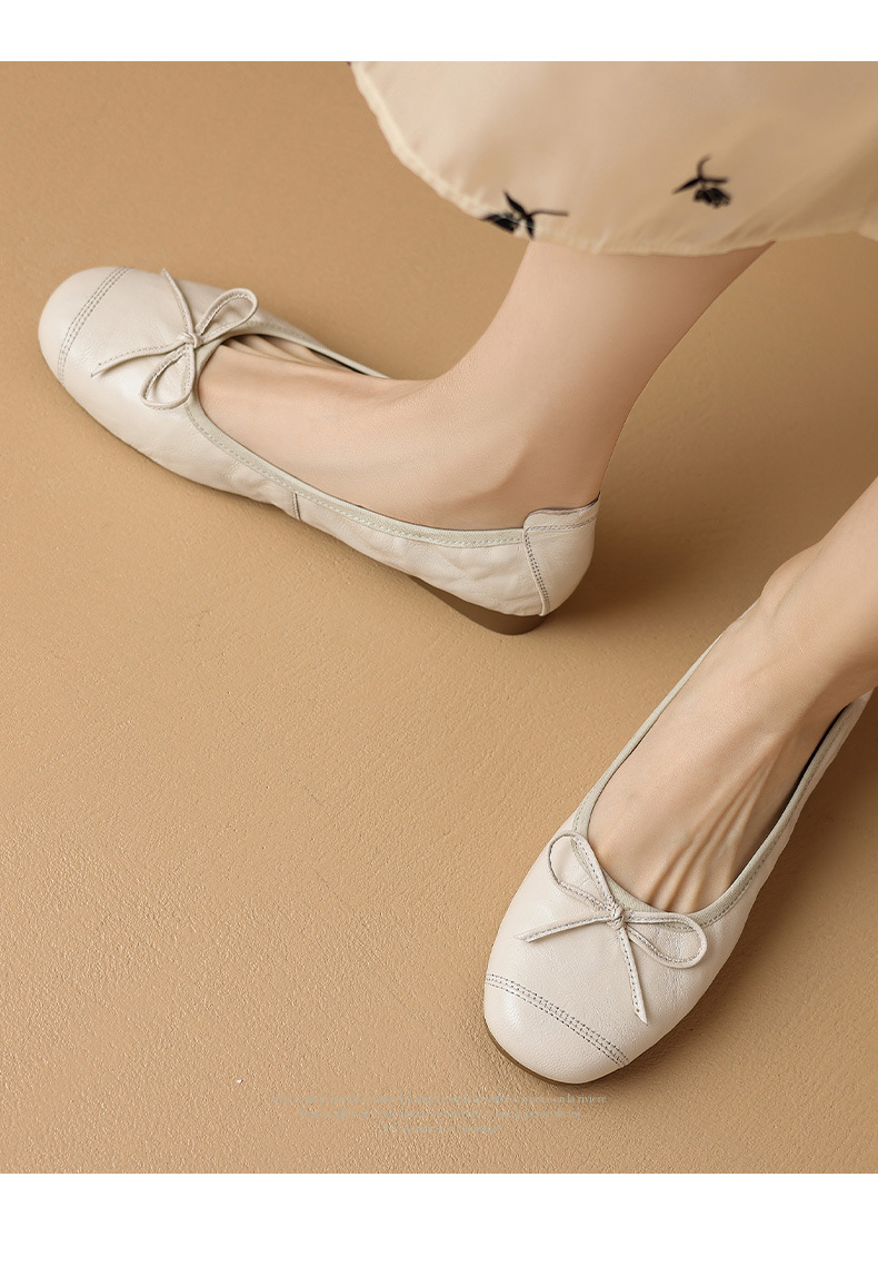 Giày ballet nữ mũi tròn đế bệt da cừu mềm nơ bướm — Màu nâu chi tiết 6