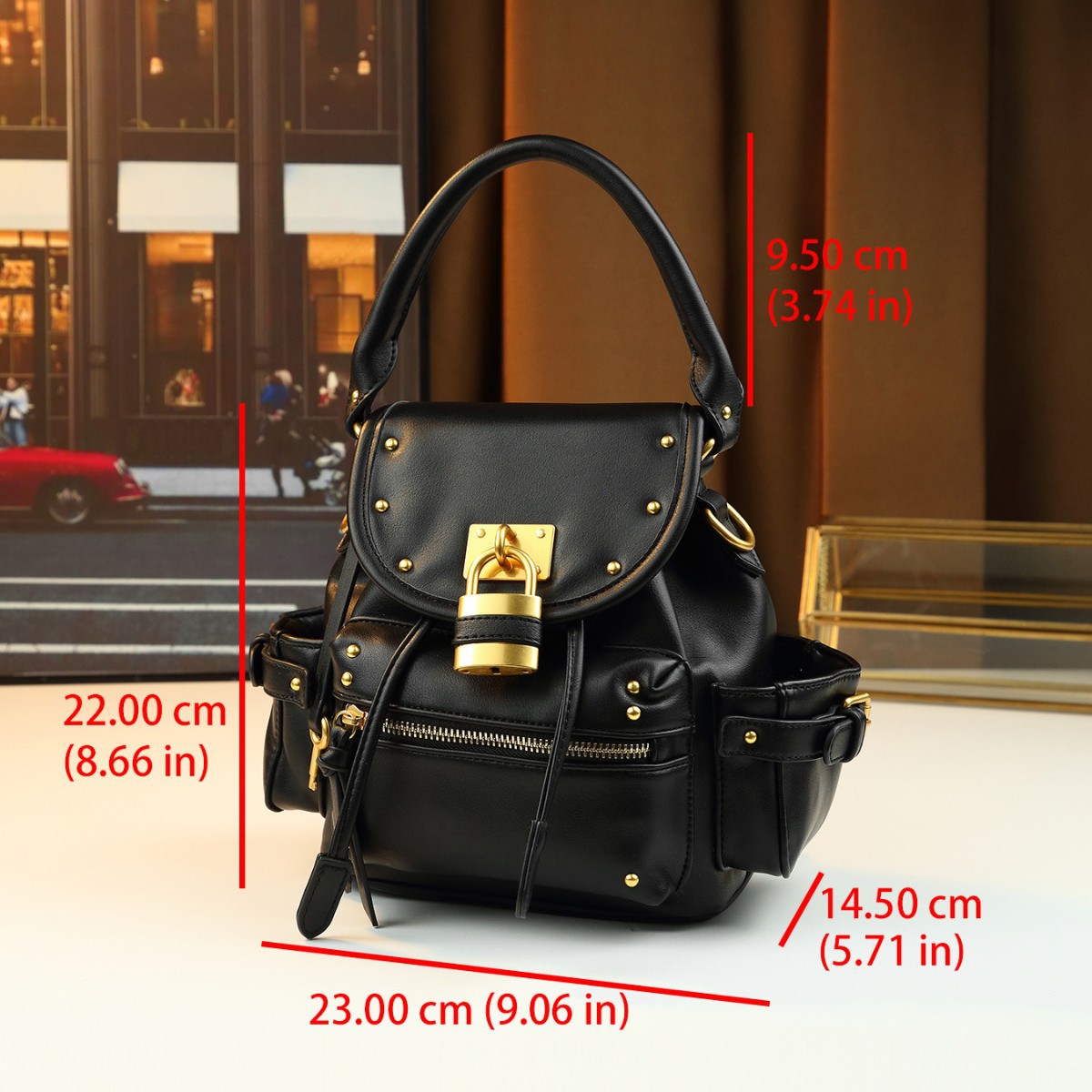Borsa a mano retrò con lucchetto borchiato, media, multifunzionale, da donna, a tracolla, zaino da pendolare, in pelle PU con cerniera_voghion.com