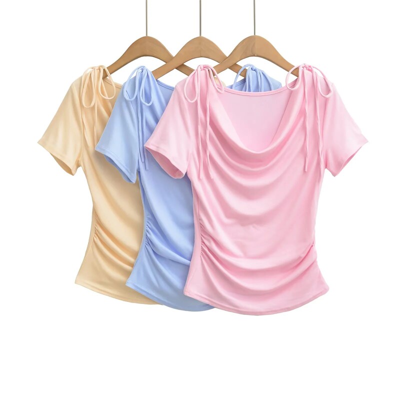 Sweet and Sexy Swung Collar Short-Sleeved T-Shirt for Women 2025 Early Autumn New Style Shoulder Strap Pleated Waist Short Top