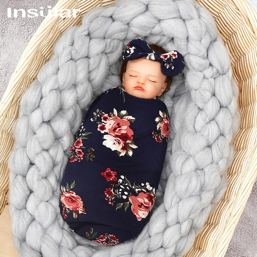Newborn printed towel, tire cap, hair band, three-piece set, baby printed towel, baby swaddle towel set