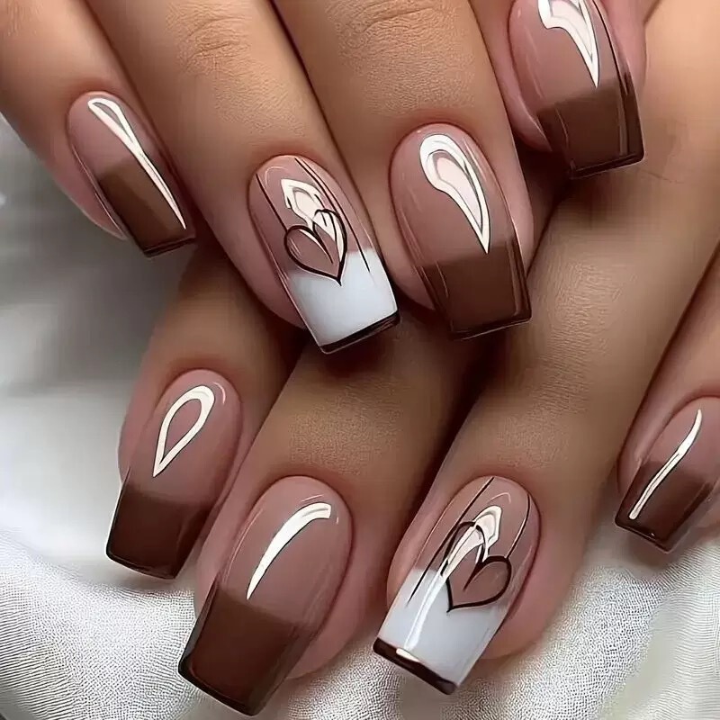 Valentine's Day Maillard Gradient Love Wearable Nails Brown Nude Love Fake Nails Premium Removable Nail Art Stickers Valentine's Day Maillard Gradient Love Wearable Nails Brown Nude Love Fake Nails Premium Removable Nail Art Stickers