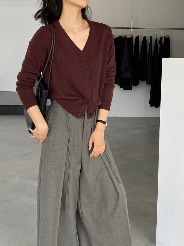 江左 10羊毛韩系休闲简约V领针织开衫女秋减龄百搭长袖上衣 U1248|undefined