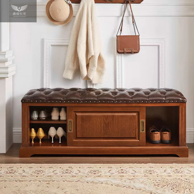 Taburete de cambio de zapatos de madera maciza americana, zapatero, zapatero, sala de estar doméstica de estilo europeo, en la puerta, taburete de zapatos, taburete de almacenamiento multifuncional