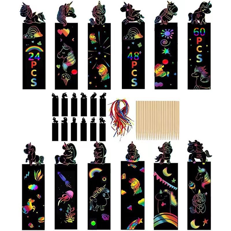 Cartoon Unicorn-Shaped Scratch-Off Bookmark DIY Colorful Scratch-Off Art Handmade Bookmark Kindergarten Craft Materials
