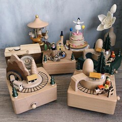 木製観覧車オルゴールクリスマストロイの木馬手ガラガラ手作りオルゴール工芸品クリエイティブ装飾品おもちゃ
