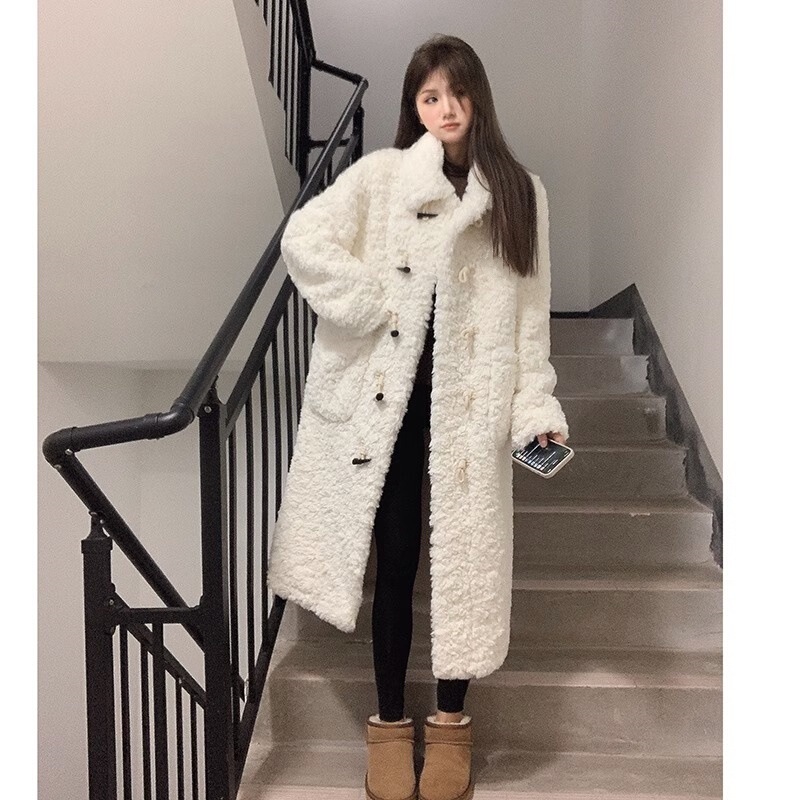 Cross-Border Women's Long Coat with Over-The-Knee Design, Lamb Fur Family-Style Jacket, Faux Rabbit Fur Leather, Thickened, Loose Fit, Stand Collar