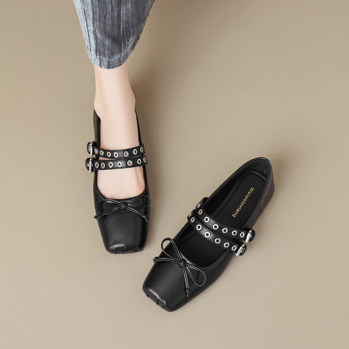 Weiwei 1516-16 Square Toe Single Women Flat Shallow Mouth Bowknot Soft Sole Ballet Shoes One Strap Mary Jane_vogvips.com