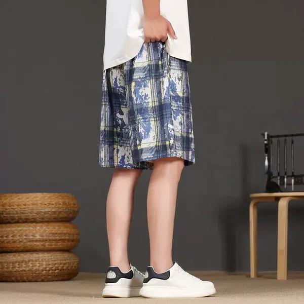 Men's Tie Dye Plaid Shorts High Street Trendy Summer Thin Casual Retro Style Loose Five Point Pants_viptrois.com