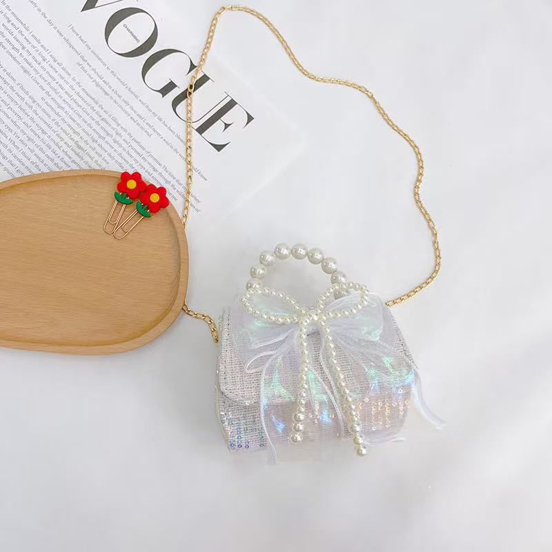 Hermosa mochila de niña pequeña moda de moda mochila portátil, princesa dama mochila de perlas, mochila de hombro