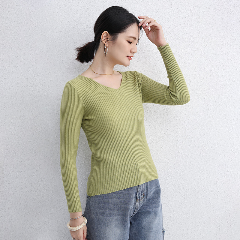 Suéter de las mujeres Otoño e Invierno japonés SLIM-Fit multicolor sin costuras suéter con cuello en V estilo occidental ropa interior de manga larga Top apretado Letian