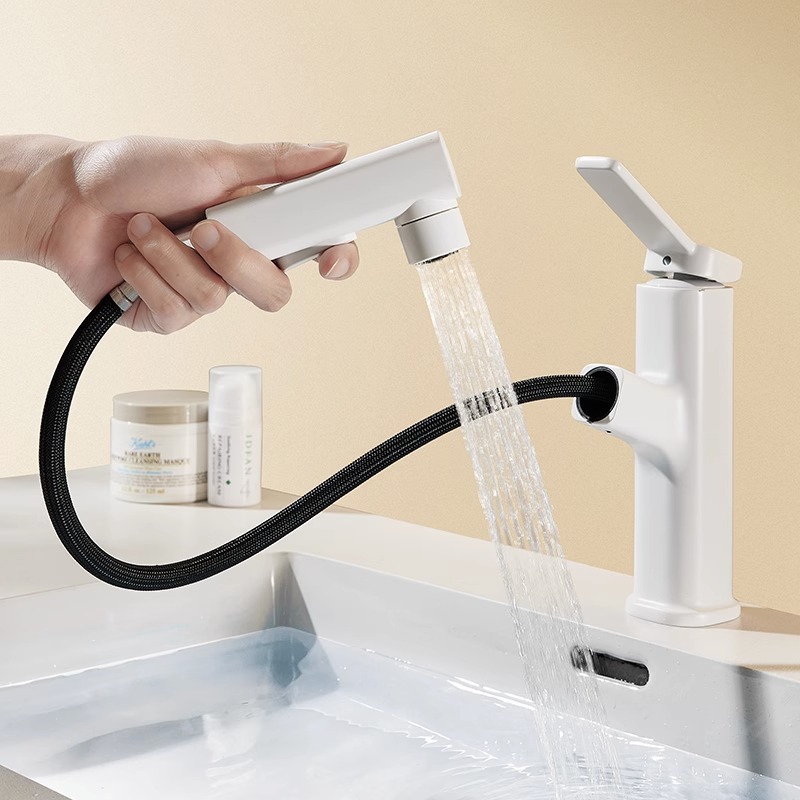 Basin faucet white all-copper pull-out bathroom cabinet wash basin wash basin dual-use hot and cold faucet