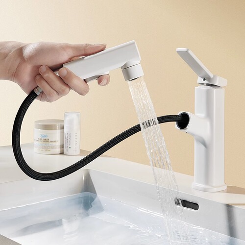 Basin faucet white all-copper pull-out bathroom cabinet wash basin wash basin dual-use hot and cold faucet