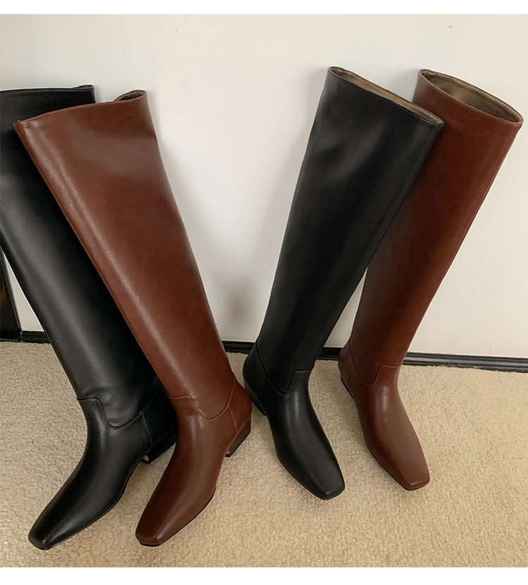 Boot nữ da thật ống rộng mũi vuông cổ cao đến đầu gối gót thấp — màu nâu, đen chi tiết 22
