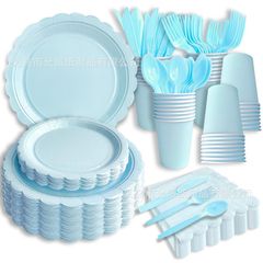 新しいブルー無地テーマ誕生日パーティー装飾用品使い捨て食器紙皿紙コップペーパータオルナイフフォークスプーン