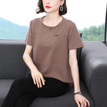 夏季纯色圆领短袖T恤女2023新款宽松型休闲中年女士套头遮肚小衫