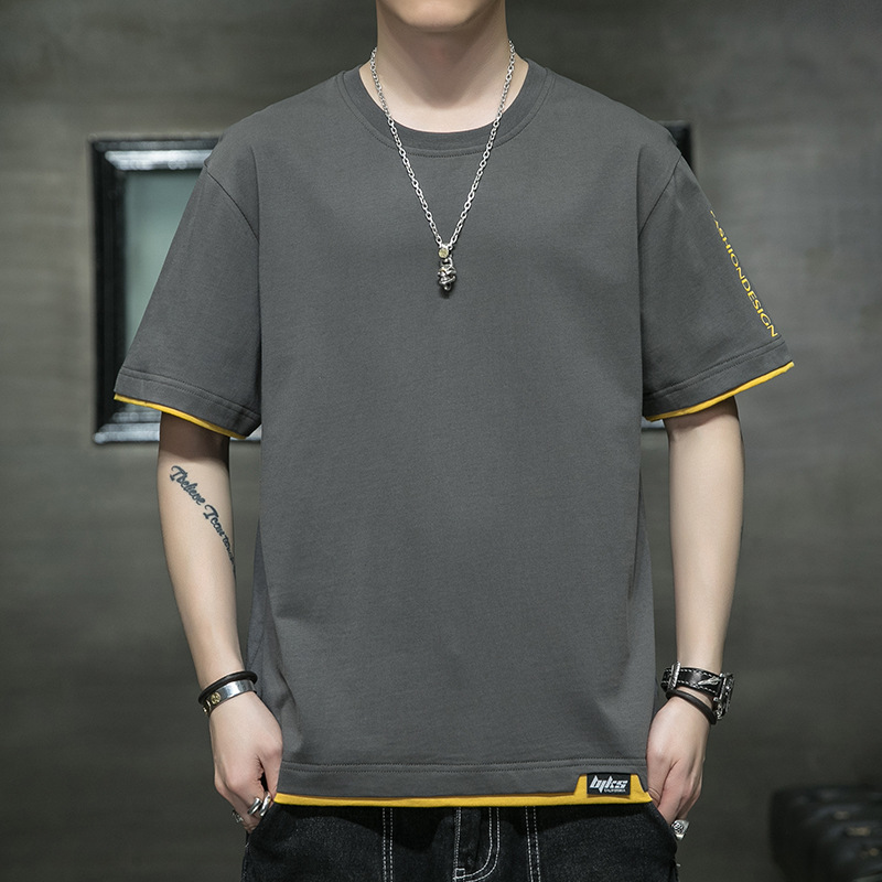 Camiseta de manga corta de algodón puro de talla grande para hombre, estilo dos piezas, holgada, moderna, de gran tamaño, versátil, para uso diario.