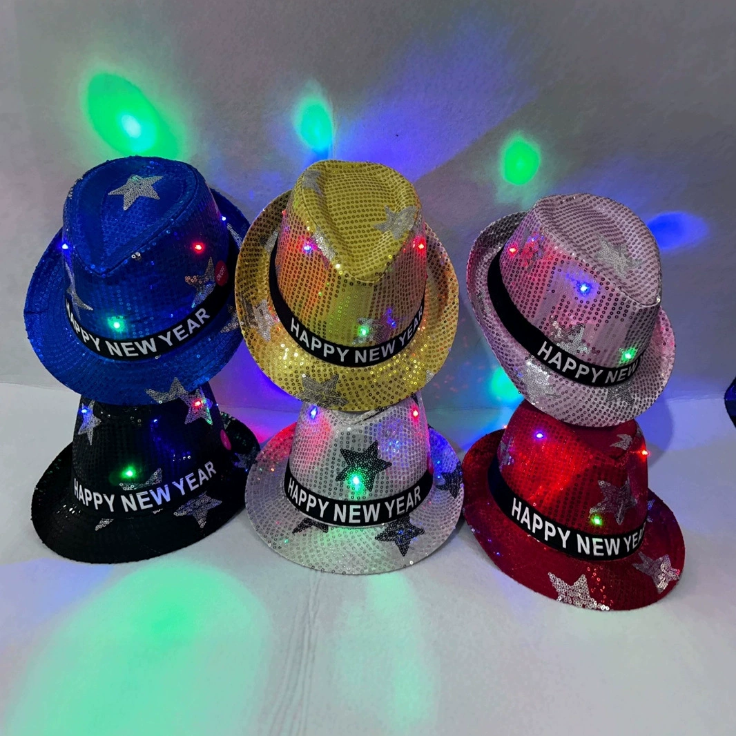С Новым годом Джазовая шляпа с пентаграммой и подсветкой Шляпа с LED-пайетками Светящаяся джазовая шляпа с Новым годом