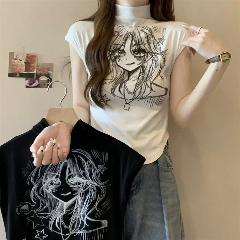 夏新女打底衫印花辣妹上衣修身显瘦衬衫半高领针织背心T恤女卡通