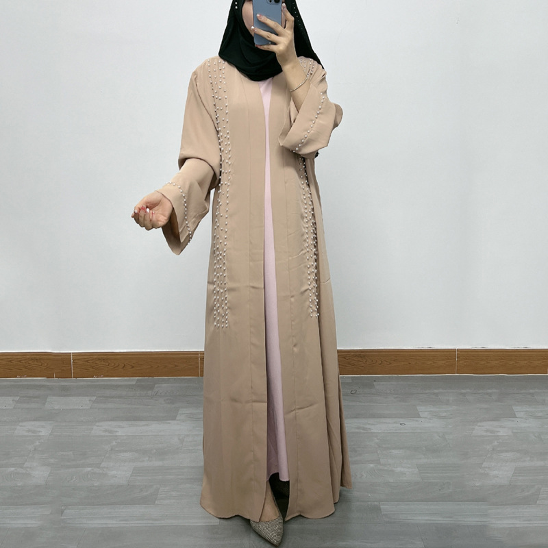 F326 Cross-Border Foreign Trade Middle Eastern Women's Long Dress, Dubai Pearl Embellished Elegant Cardigan Robe,_ecoleips.com