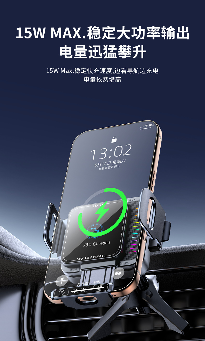 New foldable car phone holder with a 90-degree rotating base, comes with a fast-charging cable and supports phones without wireless charging capabilities