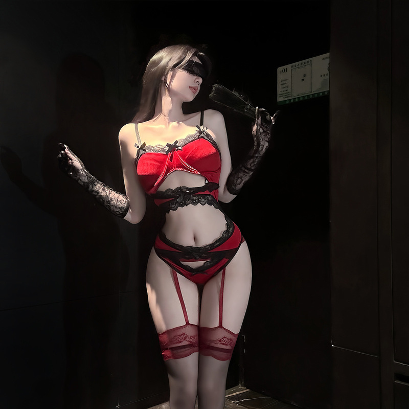 Golden Night Sexy Lingerie: Sensual Lace Red and Black Playful Little Devil Pure Desire Bowknot Set, Tempting Hot Girl Outfit Golden Night Sexy Lingerie: Sensual Lace Red and Black Playful Little Devil Pure Desire Bowknot Set, Tempting Hot Girl Outfit