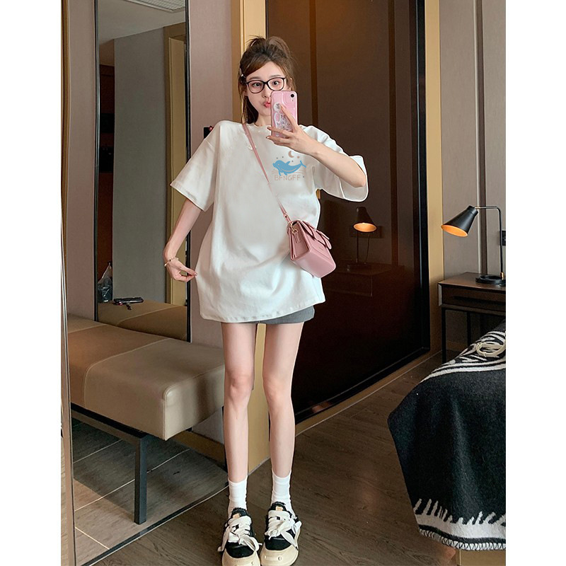 純綿半袖tシャツ女性夏韓国版新型ゆるい丸首小衆白色アニメプリント学生半袖tシャツ|undefined