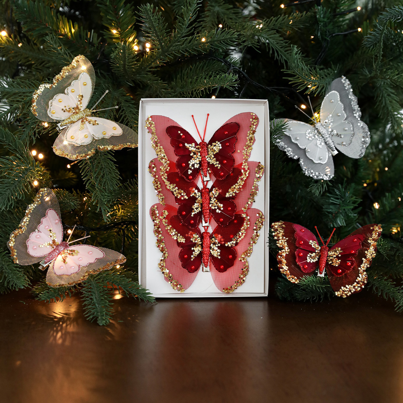 Decoración de Navidad doble capa mariposa árbol de Navidad clip colgante polvo parpadeante simulación de malla colgante vacío decoración