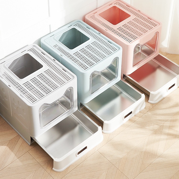 Cuenca de arena de gato de acero inoxidable totalmente cerrada, cubierta frontal anti-derrames transfronterizos tipo cajón super grande inodoro para gatos al por mayor