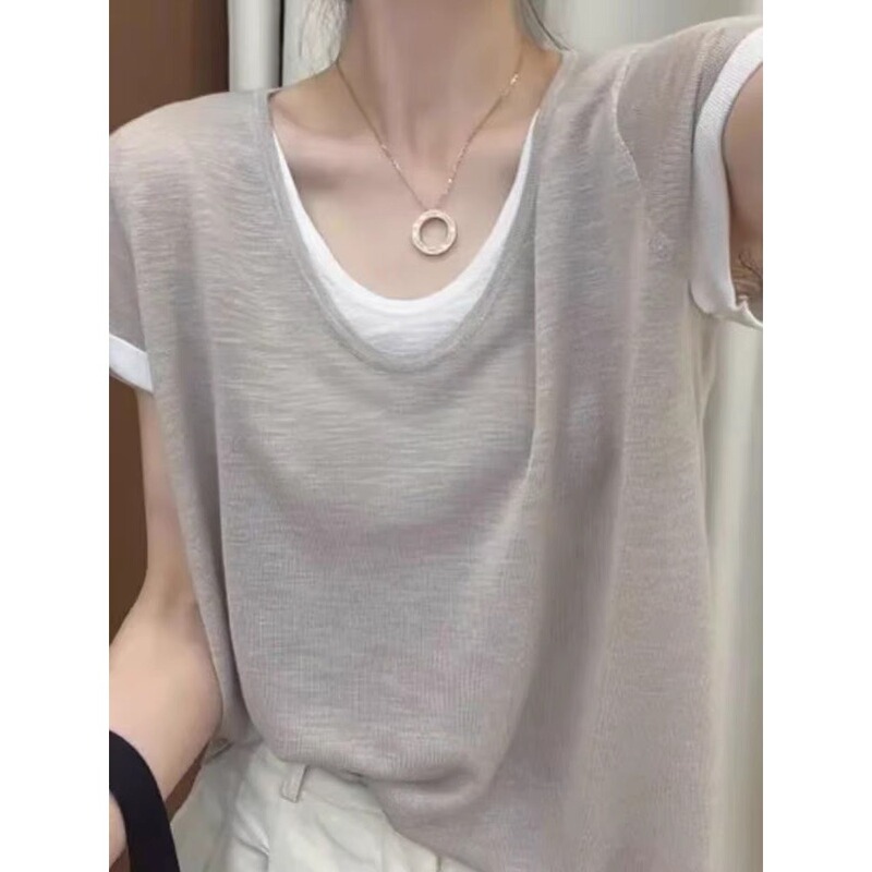 Ice-Feel Breathable Cotton T-Shirt, Summer Thin Style, Faux Two-Piece V-Neck T-Shirt, Loose Fit, Slimming, Versatile, Stylish Clothing A3511