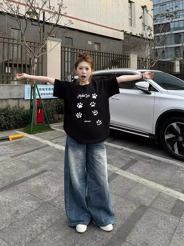 chic韩系可爱风卡通印花黑色短袖t恤女小众设计宽松休闲显瘦上衣|undefined
