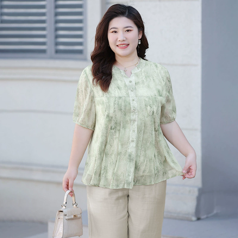 Летняя шифоновая рубашка больших размеров для женщин среднего возраста, с цветочным принтом, V-образным вырезом, тонкая, с коротким рукавом.