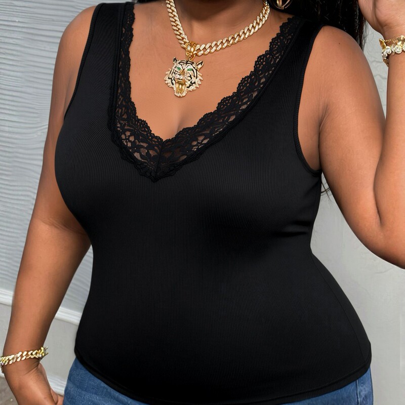 V-Neck Lace Spring/Summer Sexy Base Layer Plus-Size Tank Top for Women, Sleeveless, Slim-Fit, Flattering, Pure Desire Design