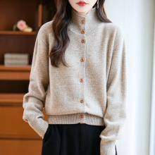 跨境秋冬新款女100%纯羊毛加厚高领开衫宽松针织衫打底衫外套长袖