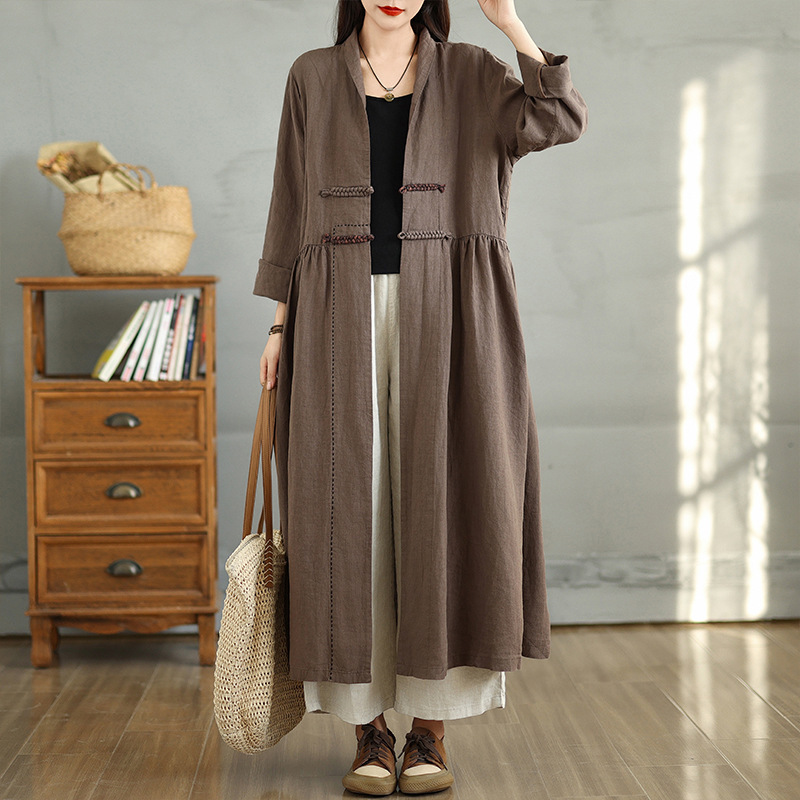 Real Shot of 2026 Spring New Long Cotton-Linen Chinese-Style Retro Buttoned Long-Sleeve V-Neck Coat Dress Real Shot of 2026 Spring New Long Cotton-Linen Chinese-Style Retro Buttoned Long-Sleeve V-Neck Coat Dress