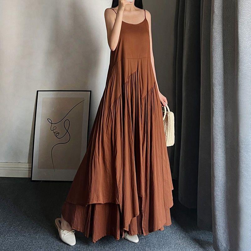 Lemon Yellow Super-long Irregular Large Swing Slip Skirt dress Artistic Fresh Summer Elegant Elegant Long Dress