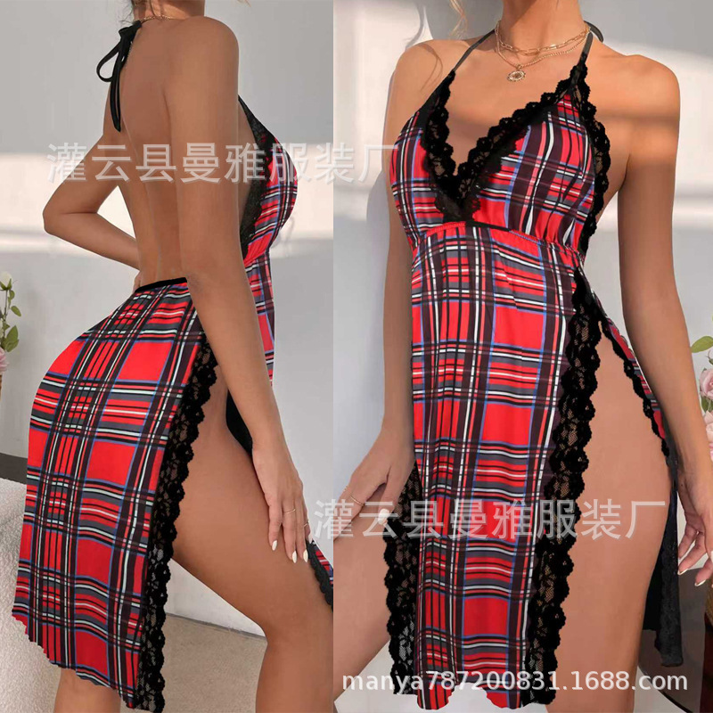 European and American Foreign Trade Sexy Women's Lingerie Set, Jk Plaid Print Halter Nightgown, Erotic Lingerie, Slit Nightdress for Women