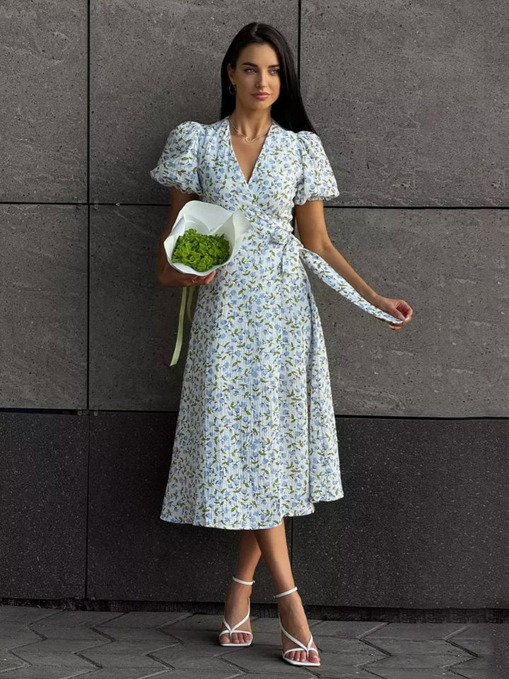 Đầm liền cotton in hoa cổ chữ V tay bồng buộc dây lưng cao — Hoa oải hương, Hoa tulip màu hồng, Màu be, Màu hồng chi tiết 114