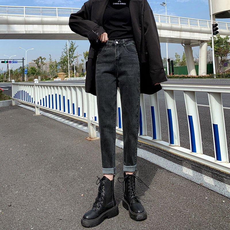 时尚弹力高腰牛仔裤女秋冬2025新款宽松显瘦百搭休闲哈伦萝卜裤子|undefined