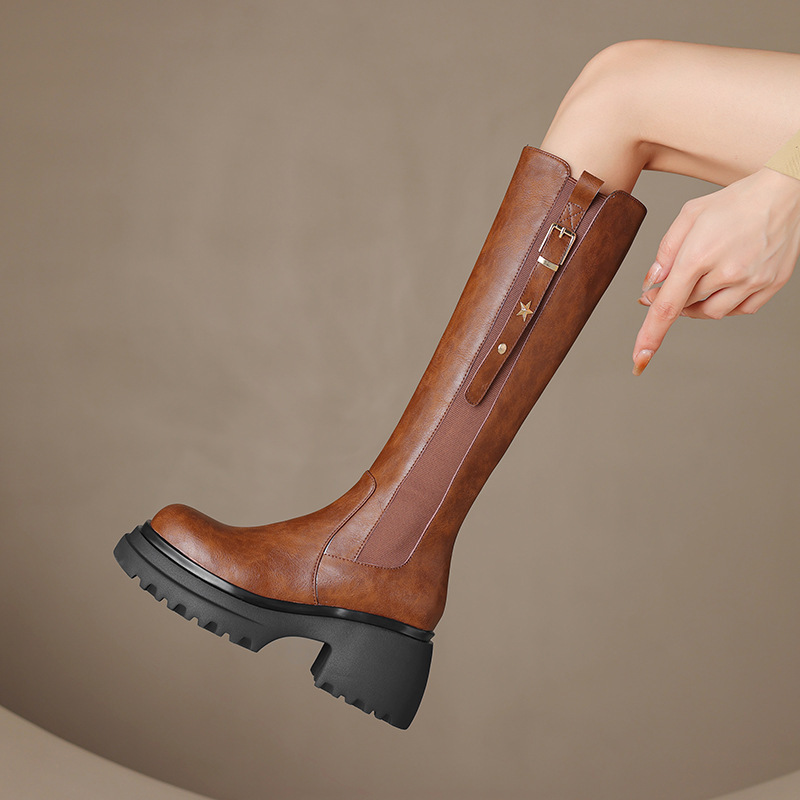 Thick Bottom High Boots Women's Genuine Leather Round Toe Knee High Boots 2024 New Winter Brown High Heel Knight Boots