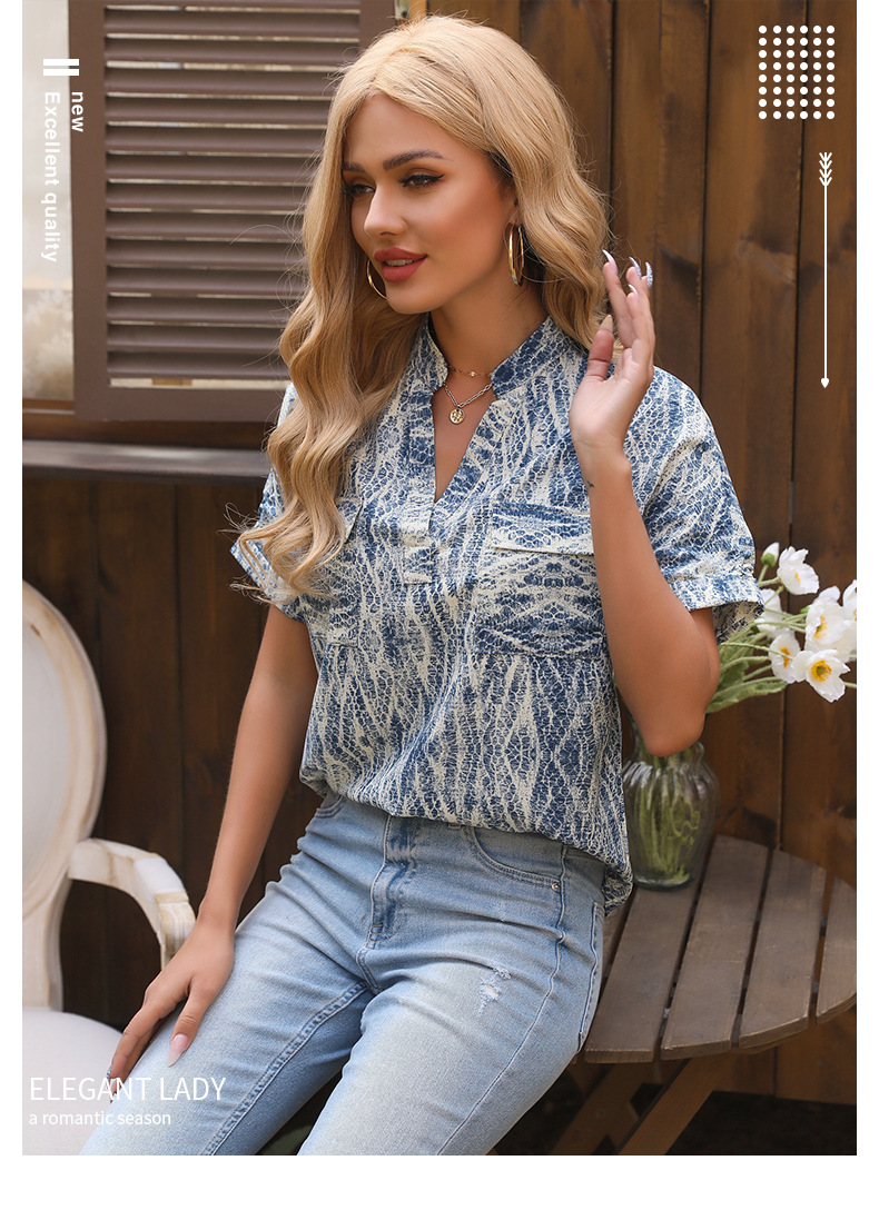 print stand collar slim v-neck short-sleeved top NSDMB127425