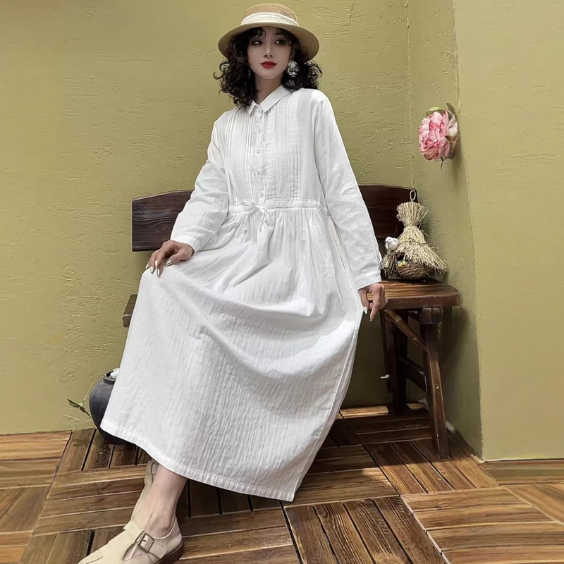 2026 Spring Collection Plus Size Women's Cotton Linen Long Solid Color Dress with Lace Trim