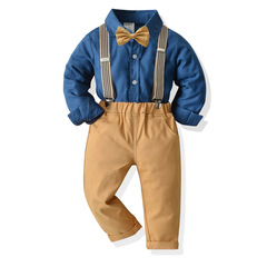 2024 Cross-border Spring and Autumn Men's Ox Blue Long-sleeve Shirt and Khaki Long Pants Gentleman's Four-piece Set for Young Children's Zhuazhou Formal Dress
