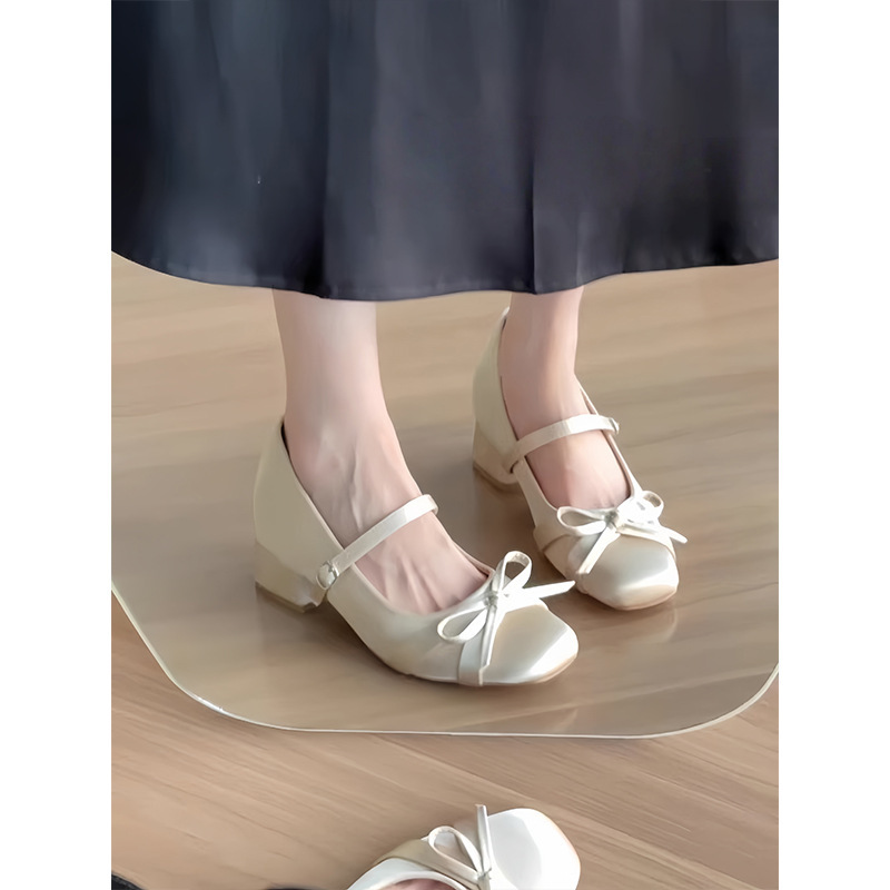 Ballet-Style Satin Chunky Heel Bow Mary Jane Shoes for Women 2025 Soft-Soled Single-Strap High-Heeled Shoes