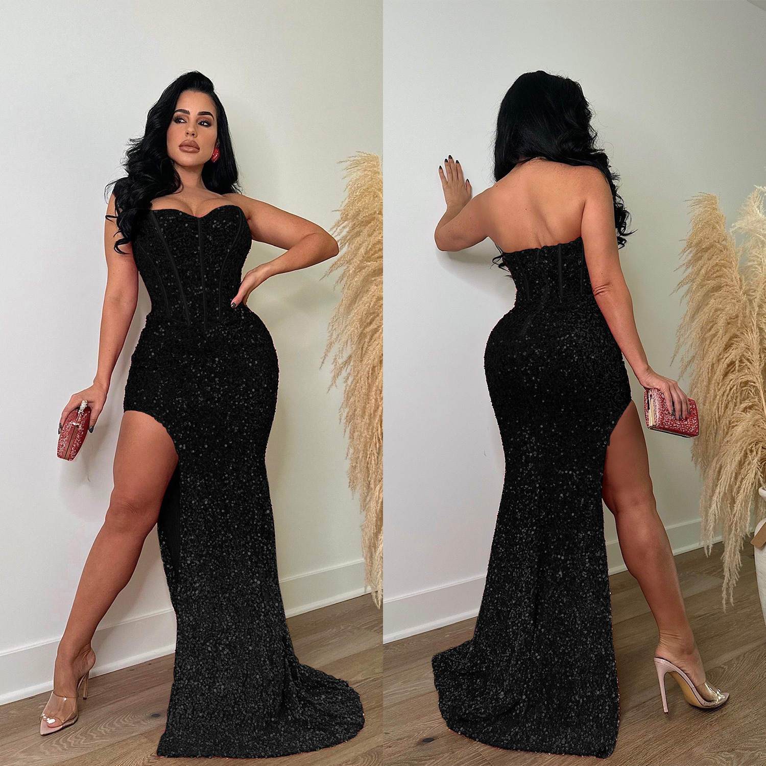 C6792 transfronterizo AliExpress Amazon Europa y América de las mujeres de la moda de color sólido de lentejuelas sin mangas vestido sin espalda vestido image 2