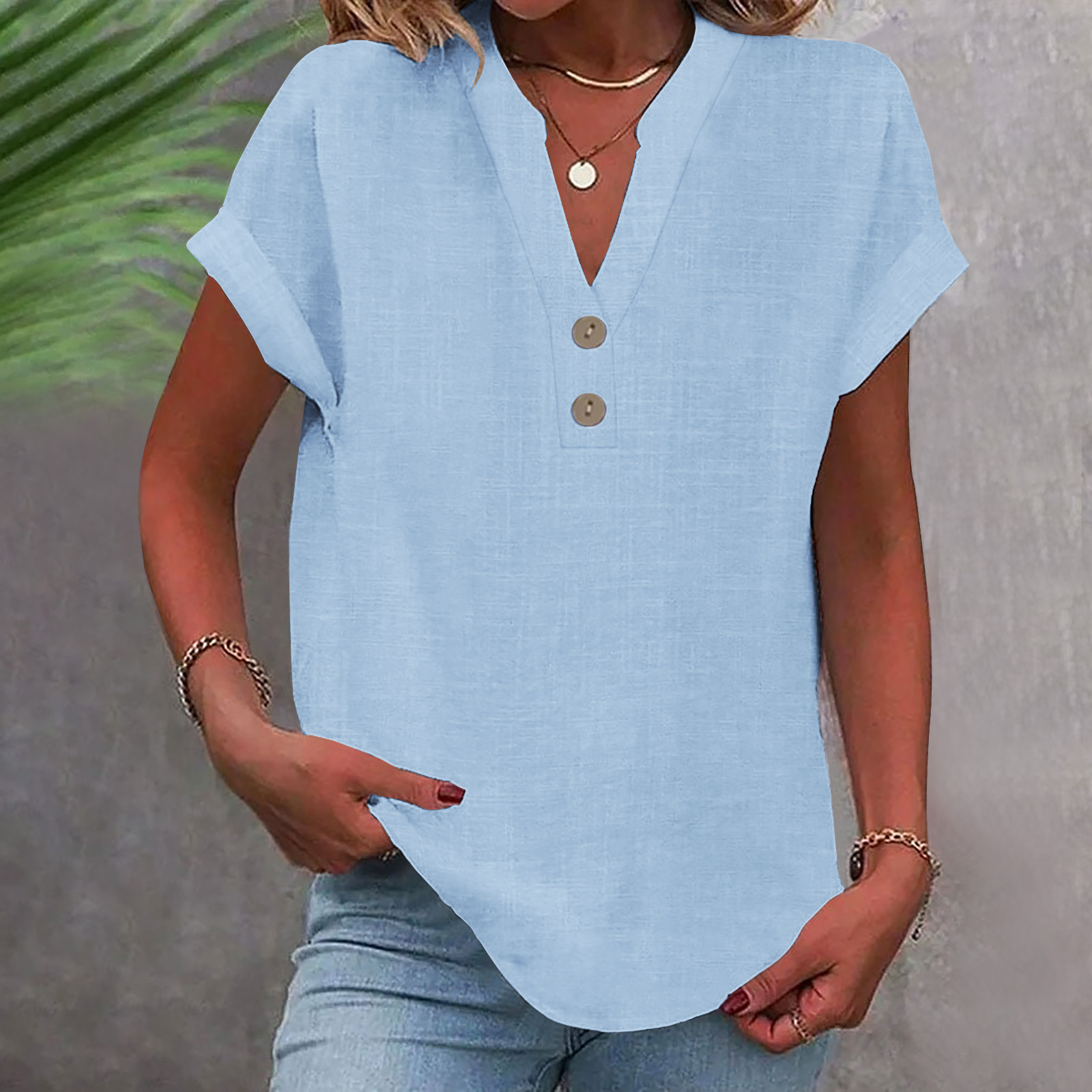 2025 European And American Summer Solid Color Stand Collar Button Short Sleeve Women's Shirt_ecoleips.com