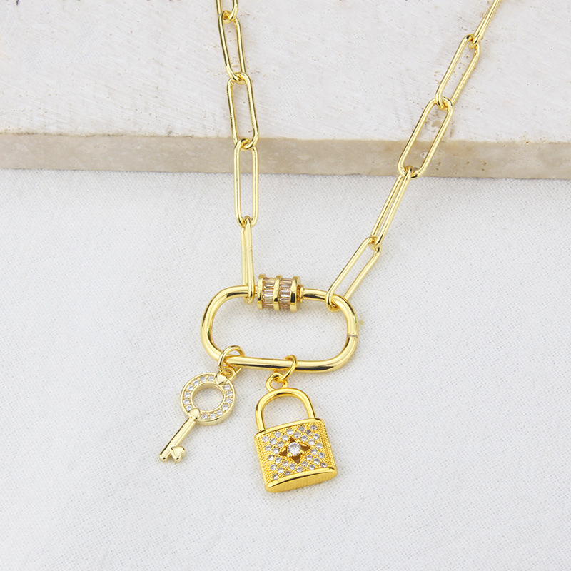 New Lock Key Combination Chain Pendant Simple Copper Inlaid Zirconium Necklace display picture 5