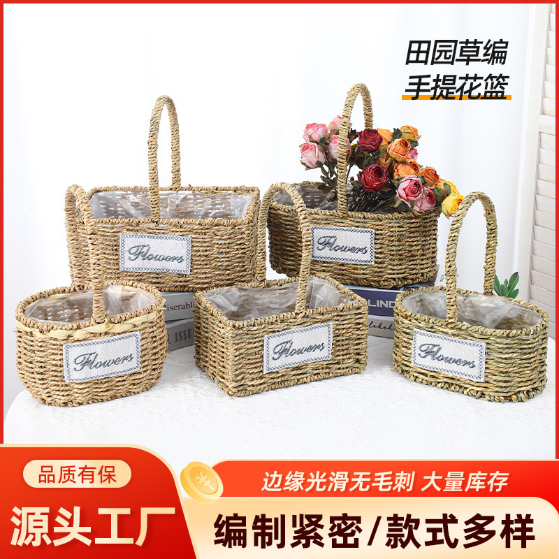 Rustic Straw Woven Hand-Held Flower Basket Picnic Basket Woven Basket Rattan-Style Trendy Imitation Rattan Woven Flower Pot Rustic Straw Woven Hand-Held Flower Basket Picnic Basket Woven Basket Rattan-Style Trendy Imitation Rattan Woven Flower Pot
